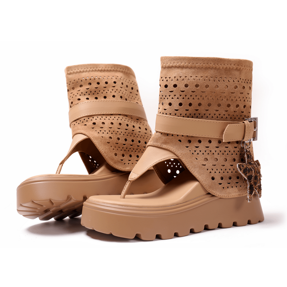 Women's Tan Suede Cutout Platform Thong Ankle Sandals