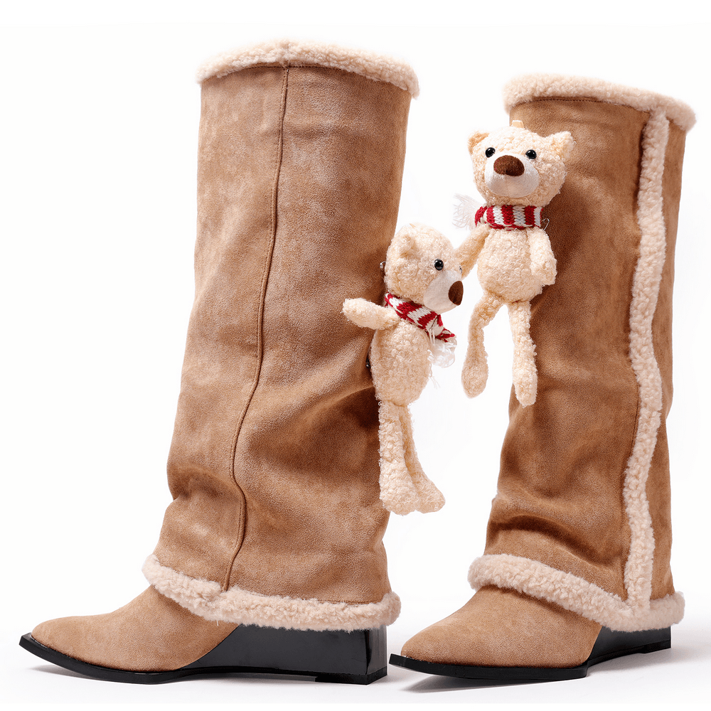 Botas de cuña hasta la rodilla para mujer con ribete de borreguillo y diseño de osito de peluche
