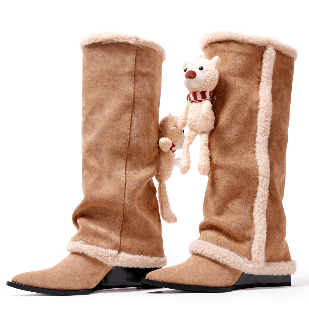 Botas de cuña hasta la rodilla para mujer con ribete de borreguillo y diseño de osito de peluche