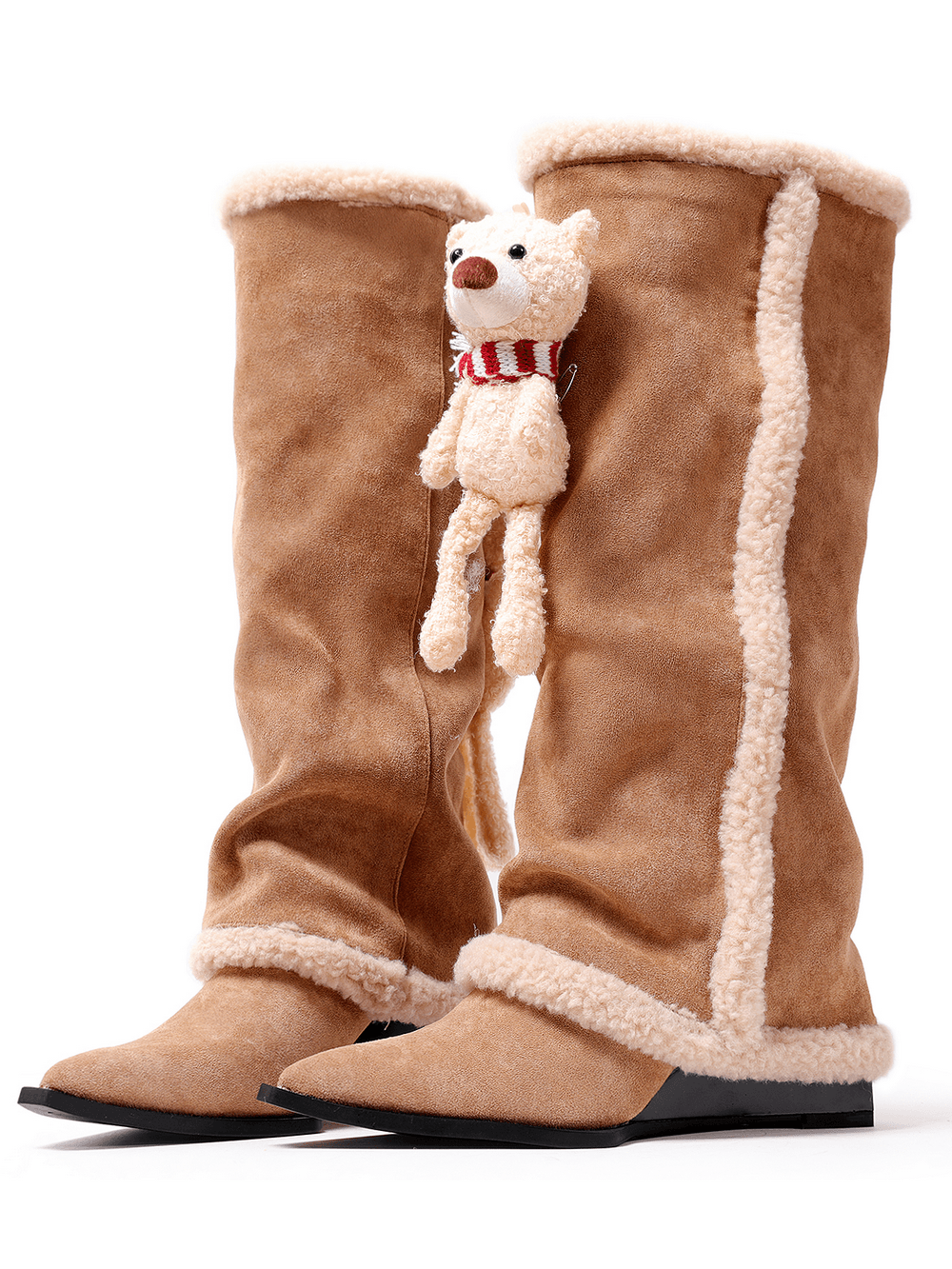 Botas de cuña hasta la rodilla para mujer con ribete de borreguillo y diseño de osito de peluche