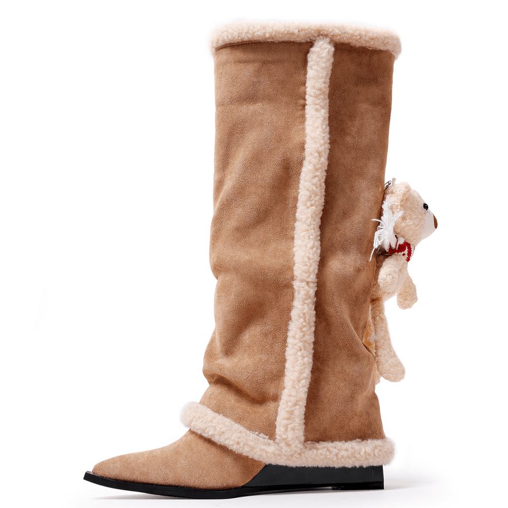 Botas de cuña hasta la rodilla para mujer con ribete de borreguillo y diseño de osito de peluche