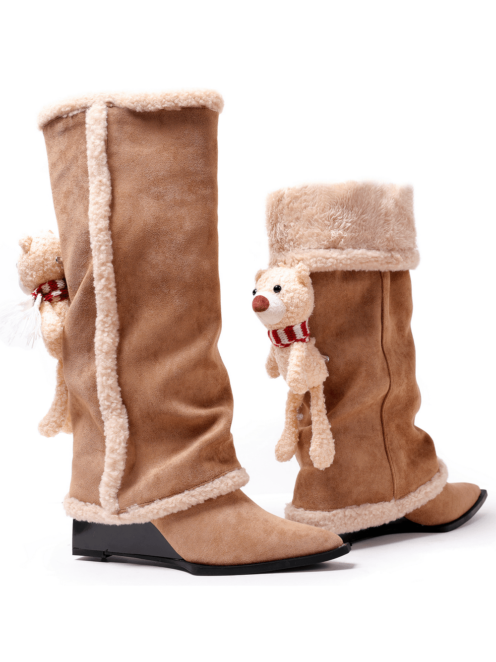 Botas de cuña hasta la rodilla para mujer con ribete de borreguillo y diseño de osito de peluche