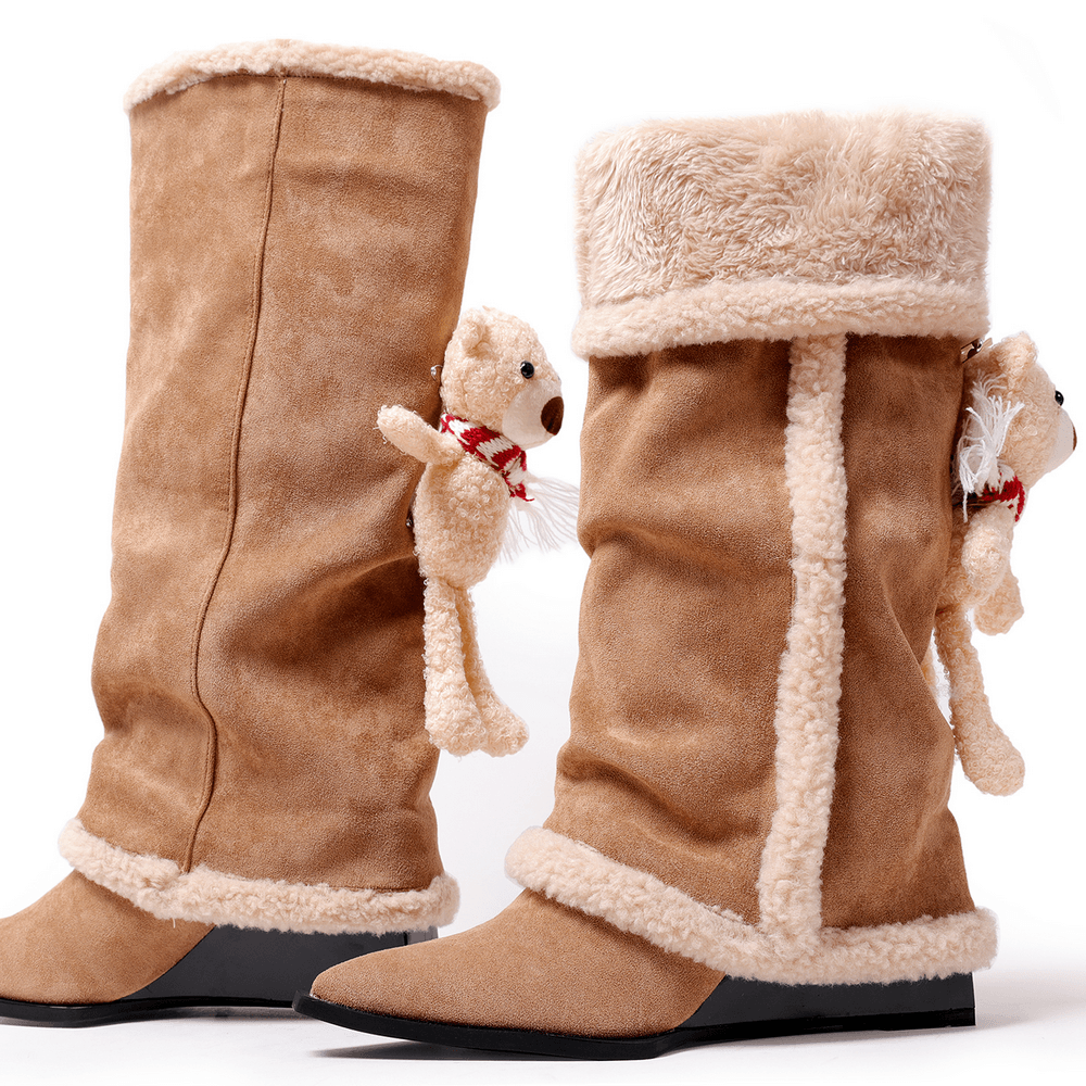 Botas de cuña hasta la rodilla para mujer con ribete de borreguillo y diseño de osito de peluche