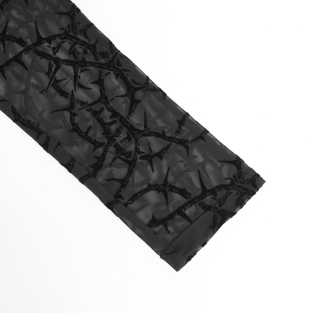Women's Thorn Vine Print Sheer Gothic Mesh Leggings showcasing a dramatic black thorn vine pattern on transparent mesh.