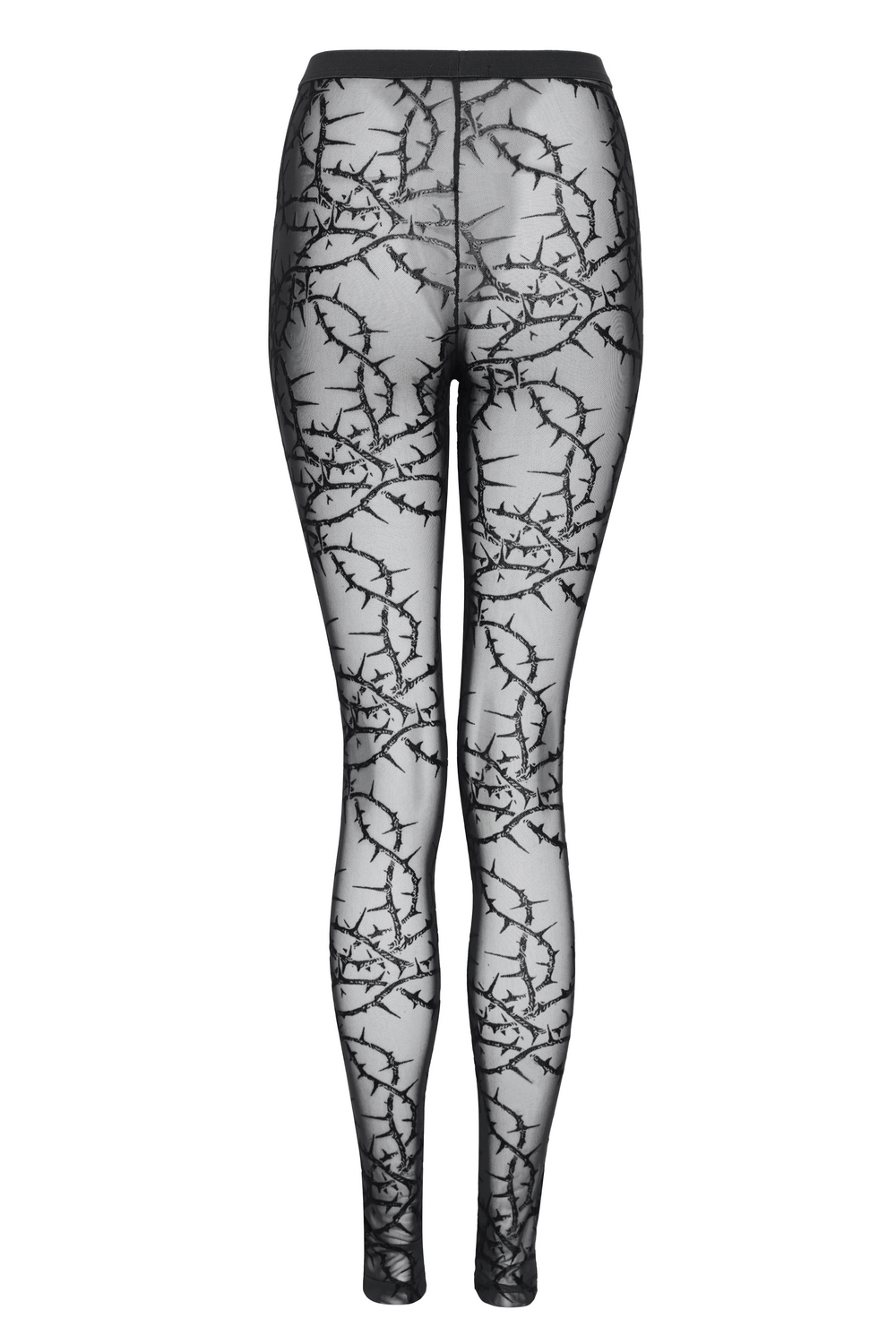 Women's Thorn Vine Print Sheer Gothic Mesh Leggings showcasing a dramatic thorn vine pattern on black mesh.