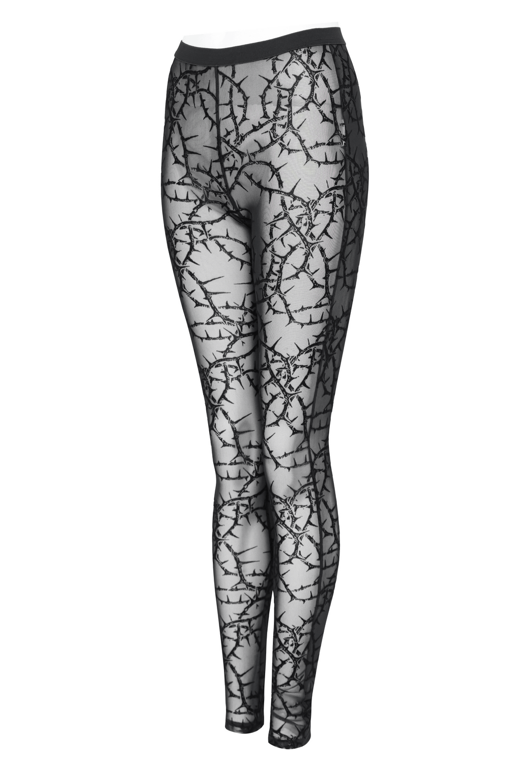 Women's Thorn Vine Print Sheer Gothic Mesh Leggings featuring a punk thorn vine pattern on sheer mesh.