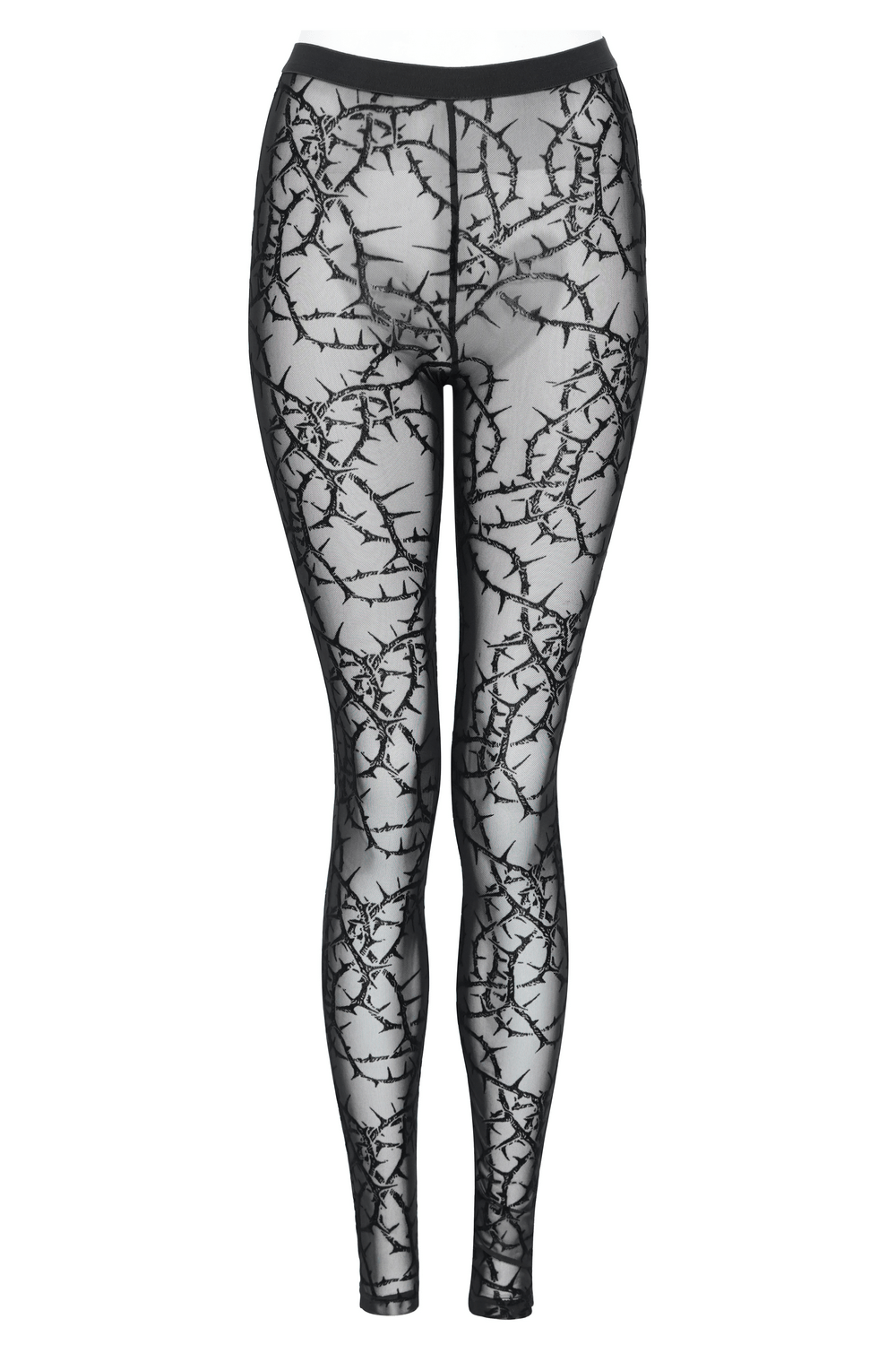 Women's Thorn Vine Print Sheer Gothic Mesh Leggings featuring a dramatic thorn vine pattern on mesh fabric.