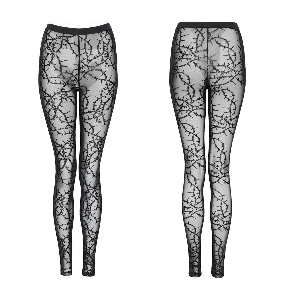 Women's Thorn Vine Print Sheer Gothic Mesh Leggings in black with thorn vine pattern on transparent mesh.