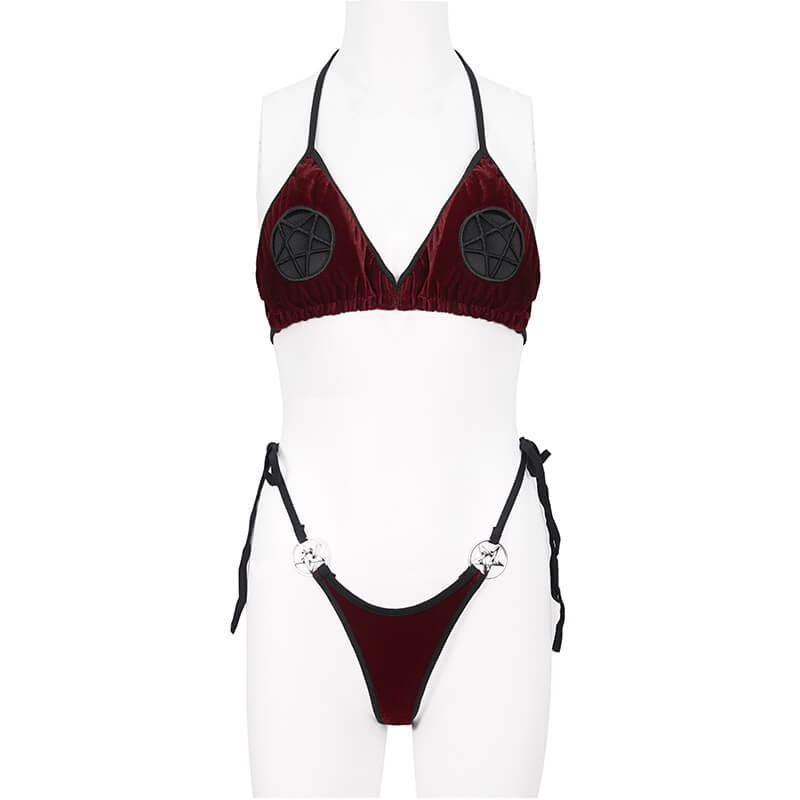 Wine red velvet bikini with pentagram accents and tie-side design for bold alternative style swimwear.