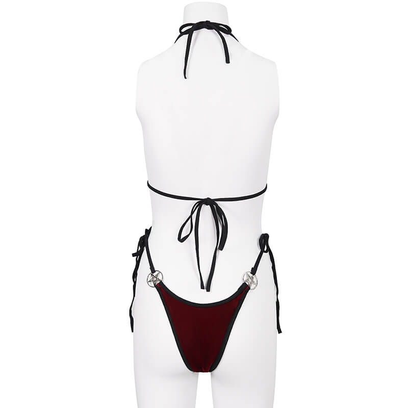 Women's Tie Side Wine Red Velvet Bikini with Pentagrams / Alternative Style Female Swimwear - HARD'N'HEAVY
