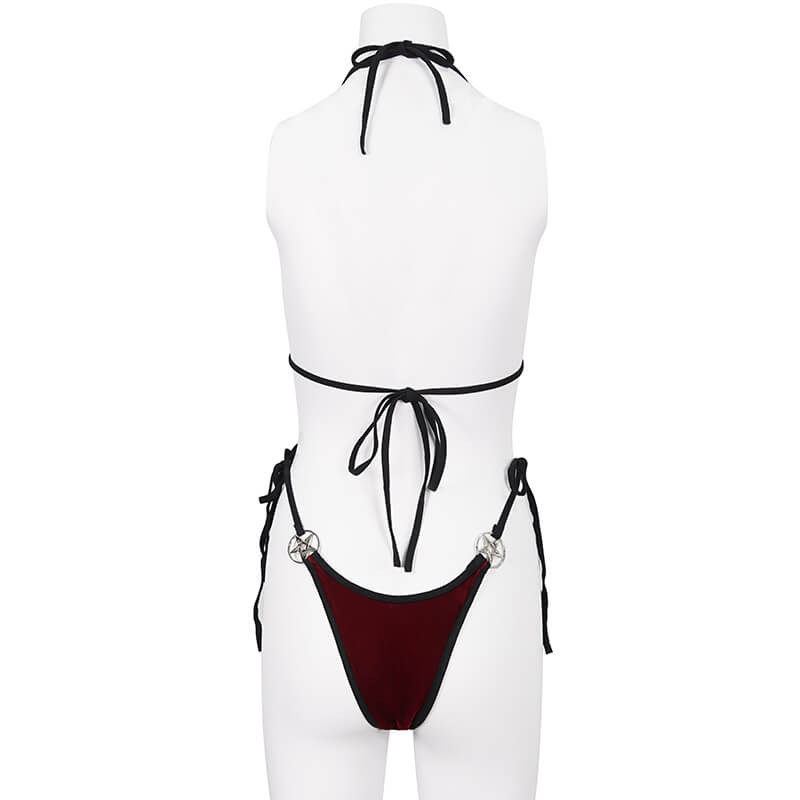 Back view of women's wine red velvet bikini with tie-side design and pentagram accents, perfect for alternative style.