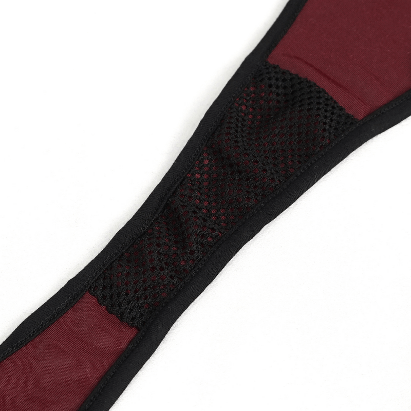 Close-up of a wine red bikini strap featuring mesh detail for a stylish alternative swimwear look.