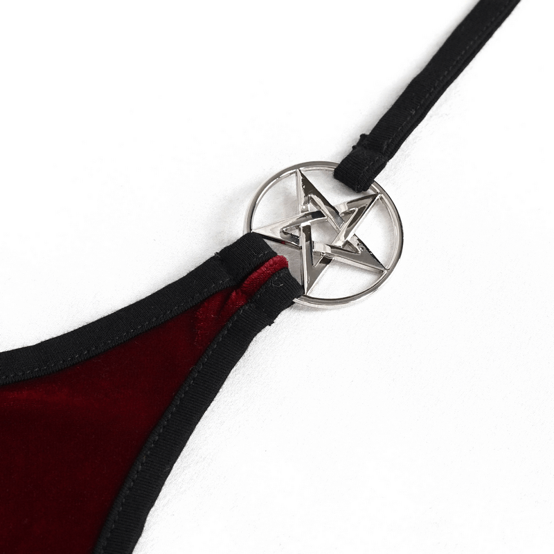 Close-up of women's wine red velvet bikini with pentagram accent, perfect for alternative style swimwear.