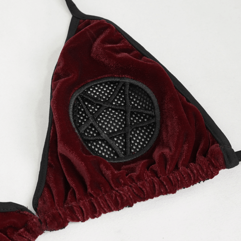 Close-up of women's wine red velvet bikini featuring a pentagram design, perfect for alternative swimwear styles.