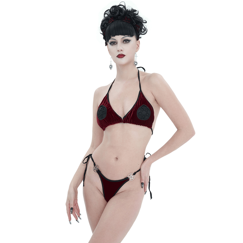 Women's tie side wine red velvet bikini with pentagrams, showcasing bold alternative style swimwear.