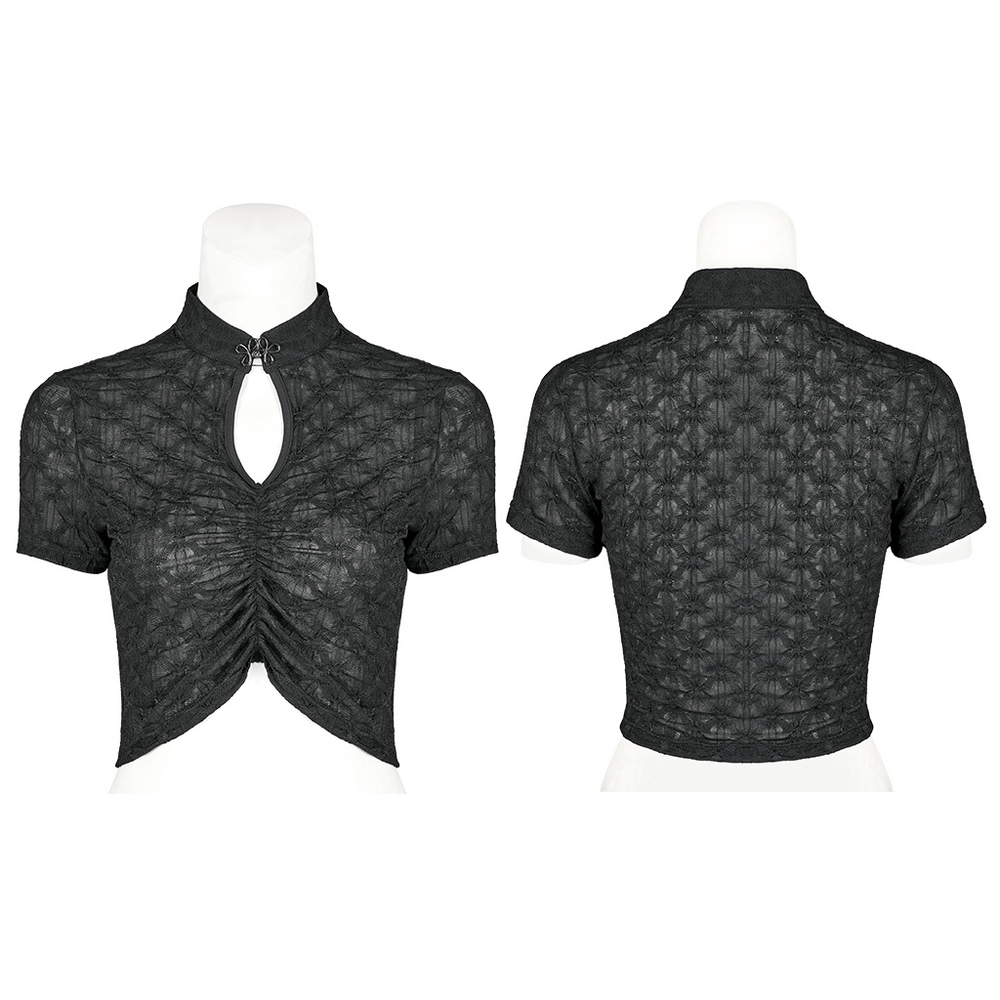 Women's dark translucent texture crop top with short sleeves and metal buckle, perfect for gothic or oriental style.