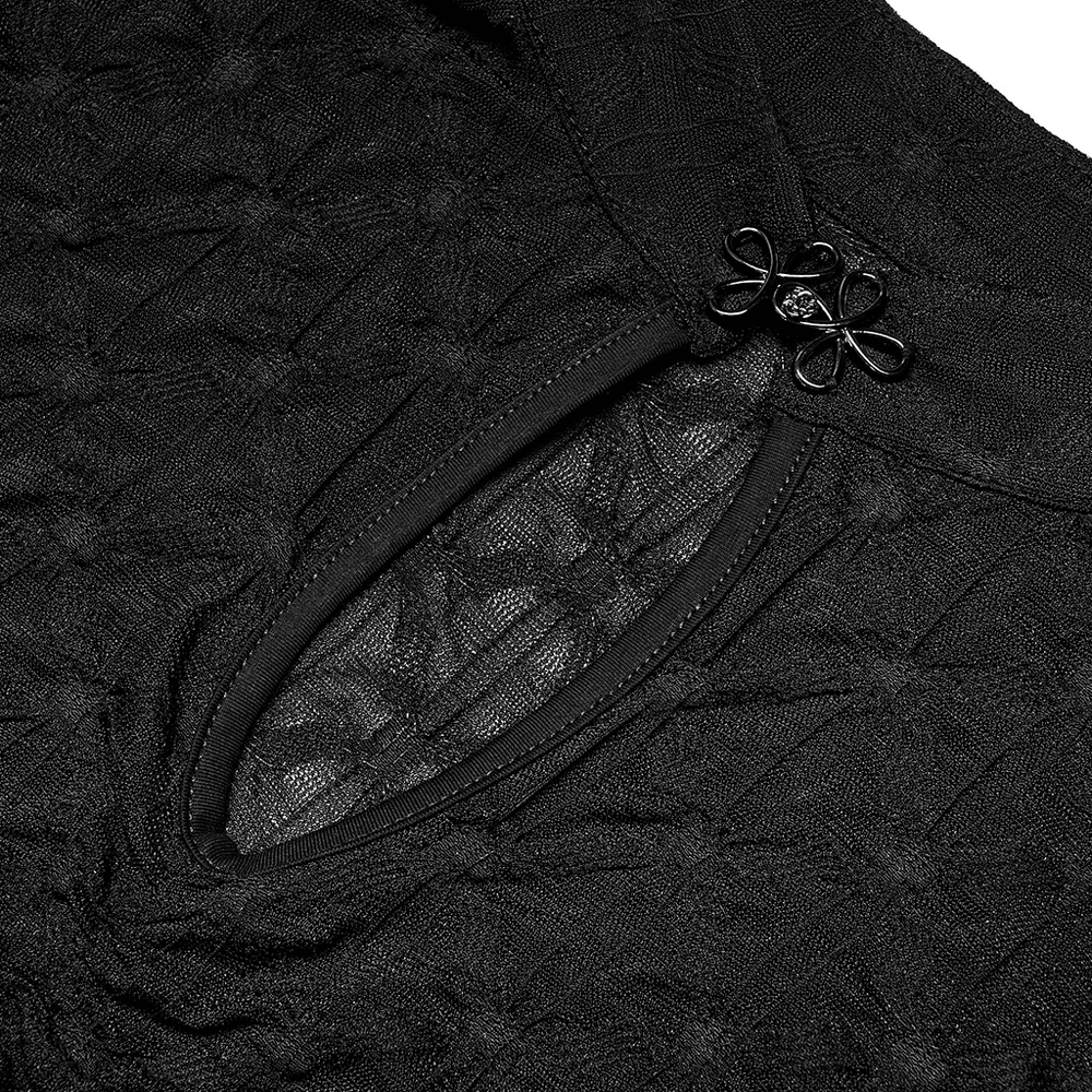 Close-up of dark translucent cropped top showcasing unique texture and metal Chinese knot buckle detail.
