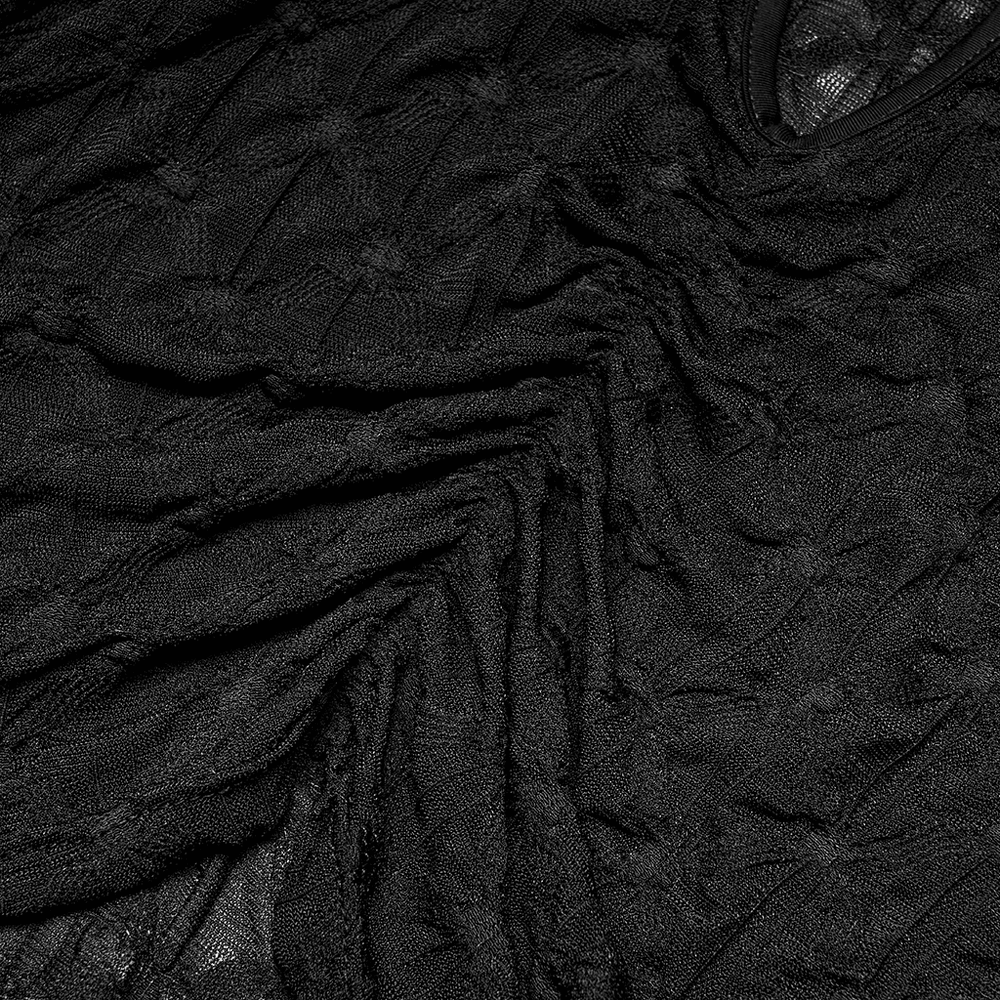 Close-up of dark translucent texture fabric featuring a unique knot design, perfect for gothic-inspired styles.