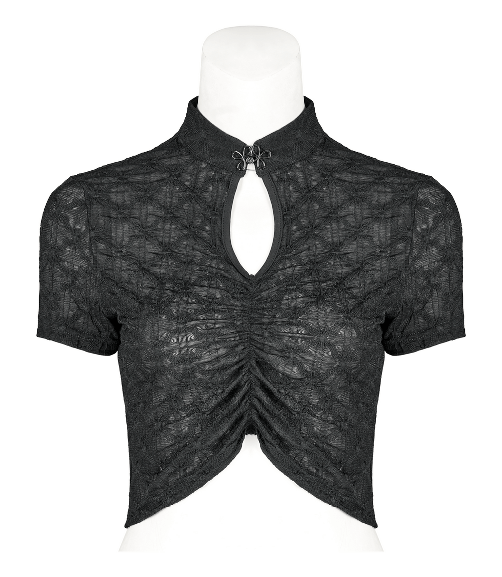 Women's dark translucent crop top with short sleeves and unique Chinese knot buckle detail.
