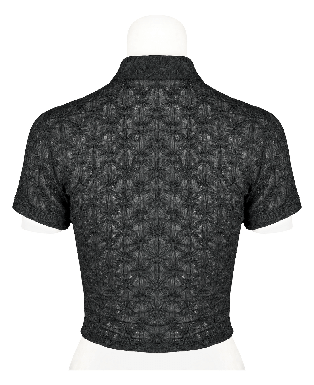 Back view of a dark translucent texture women's crop top with short sleeves and a stylish buckle detail.