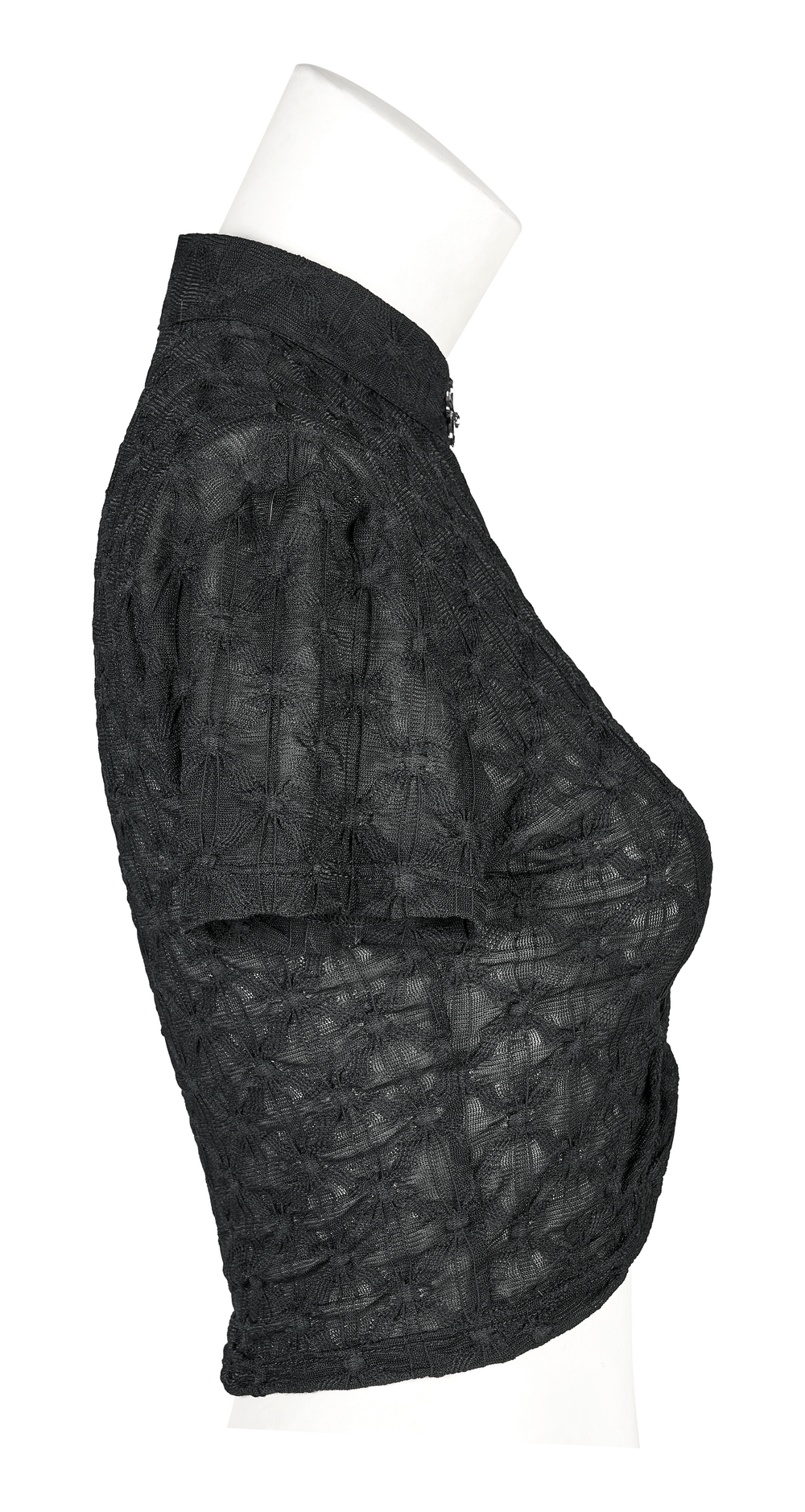 Women's black translucent texture crop top with short sleeves and a unique metal knot buckle detail.