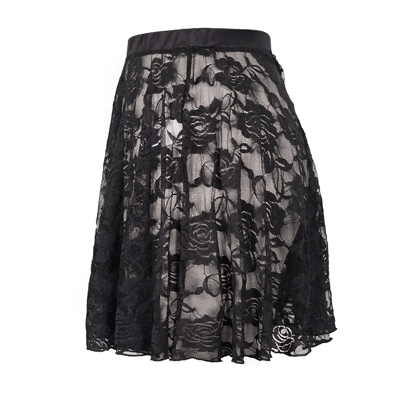 Elegant women's black mini skirt with transparent floral lace and rose pattern, perfect for gothic-inspired outfits.