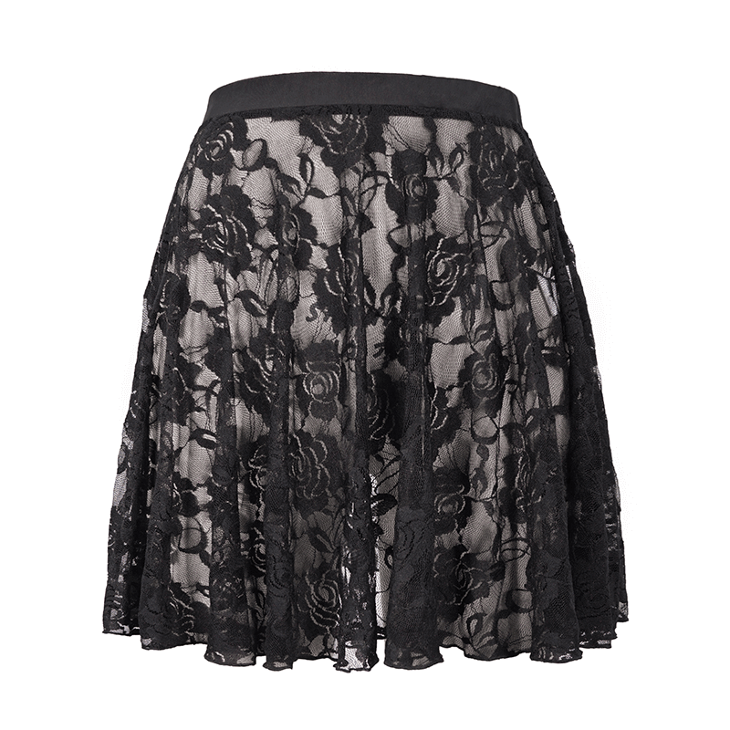 Women's black floral lace mini skirt with elastic waist, perfect for a gothic-inspired outfit.