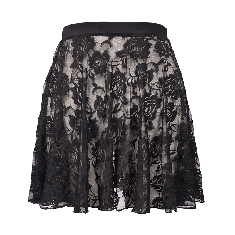 Elegant black mini skirt with transparent floral lace and rose patterns, perfect for a gothic style outfit.