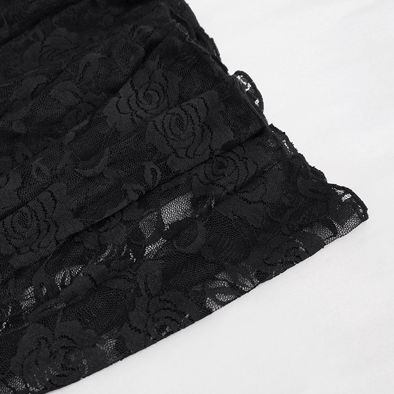 Elegant black lace mini skirt with floral rose pattern, showcasing gothic style and lightweight sheer fabric.
