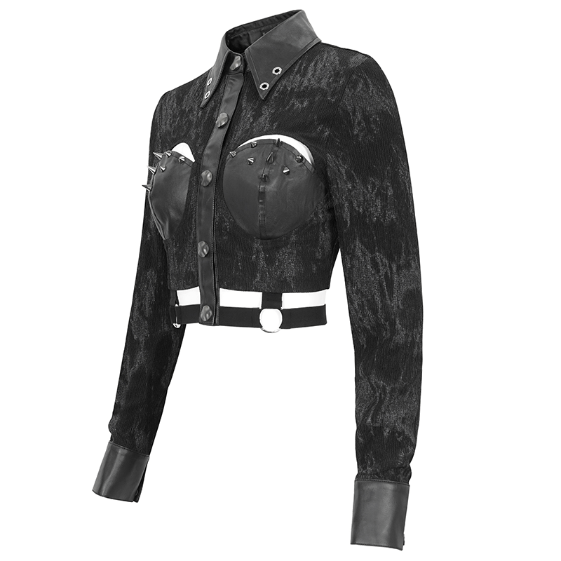 Women's punk-style studded collar shirt featuring cutout design, edgy vibe, and layered textures for a bold look.
