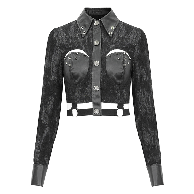 Edgy women's punk-style black cutout shirt with studded collar and bold design, perfect for fashion-forward outfits.