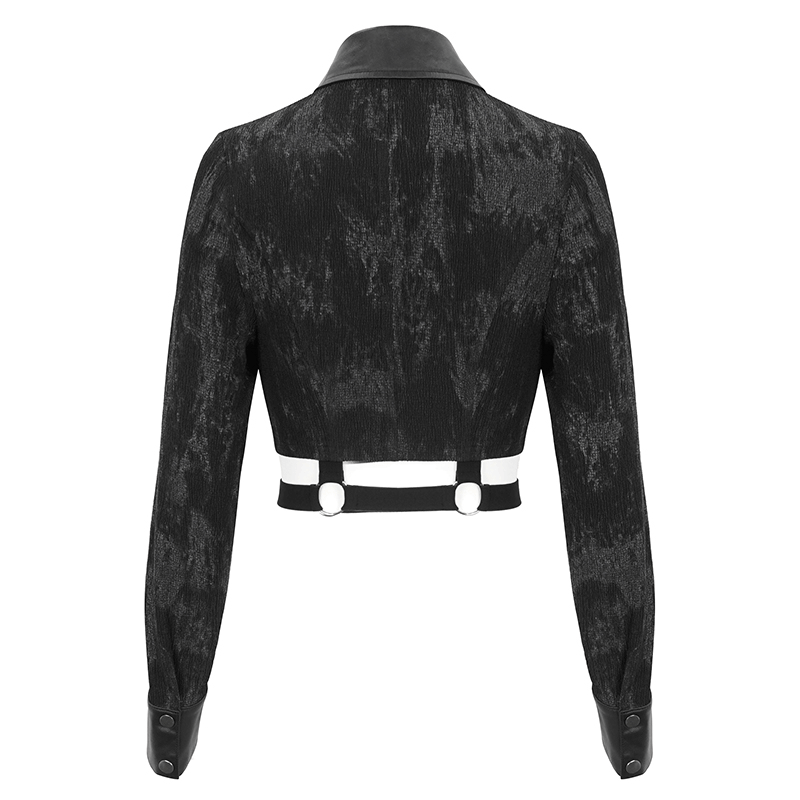 Back view of a women's punk-style cropped jacket featuring a unique design with harness details and sleek black finish.