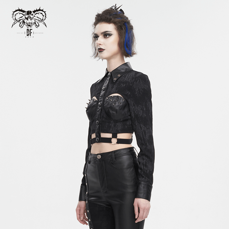 Women's punk-style turn-down collar cutout studded shirt with edgy design and daring studs, perfect for fashion rebels.