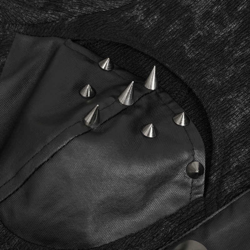 Close-up of edgy studded collar detailing on women's punk-style shirt, featuring sharp metallic spikes.