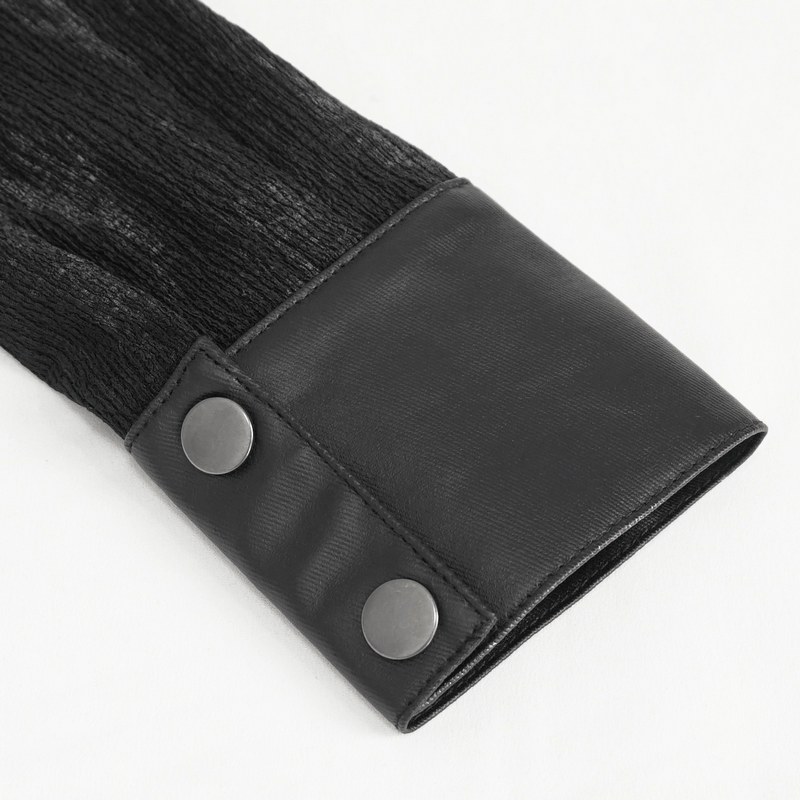 Close-up of the edgy black cuff with snap buttons on a punk-style shirt, showcasing unique texture and design.