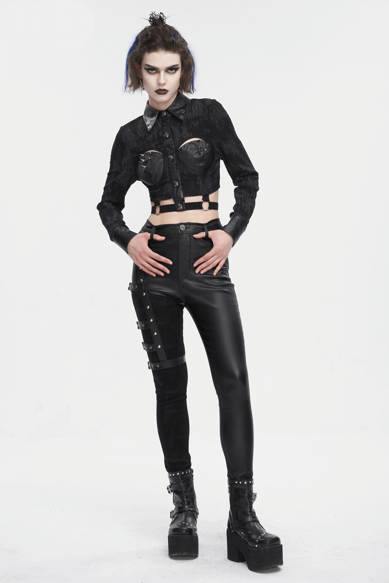 Edgy women's punk-style cutout studded shirt paired with black leather pants, showcasing bold fashion vibes.