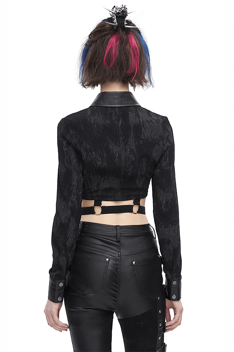 Back view of women's punk-style turn-down collar cutout studded shirt, perfect for edgy fashion lovers.