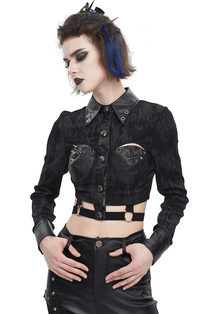 Women's Turn-down Collar Cutout Studded Shirt in Punk Style