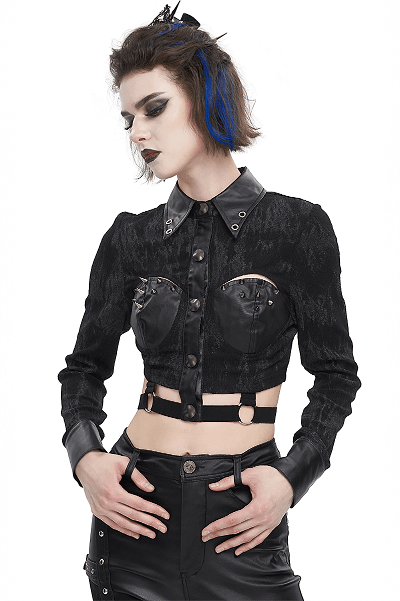 Edgy Women's Turn-down Collar Cutout Studded Shirt in Punk Style, showcasing a bold black design with studs.