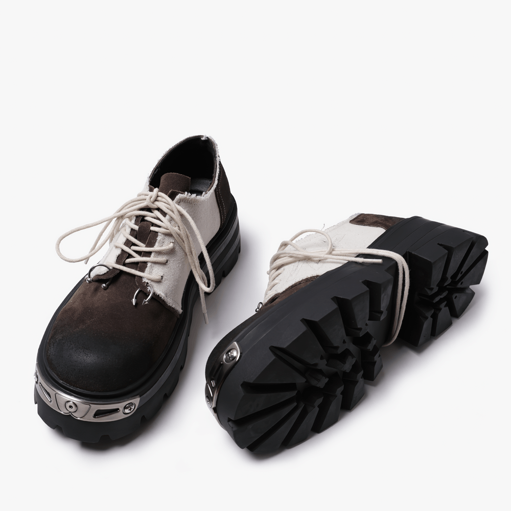 Women's Two-Tone Grunge Derby Shoes with Heavy Platforms brown-beige lace-up shoes with lug soles and metallic toe accents