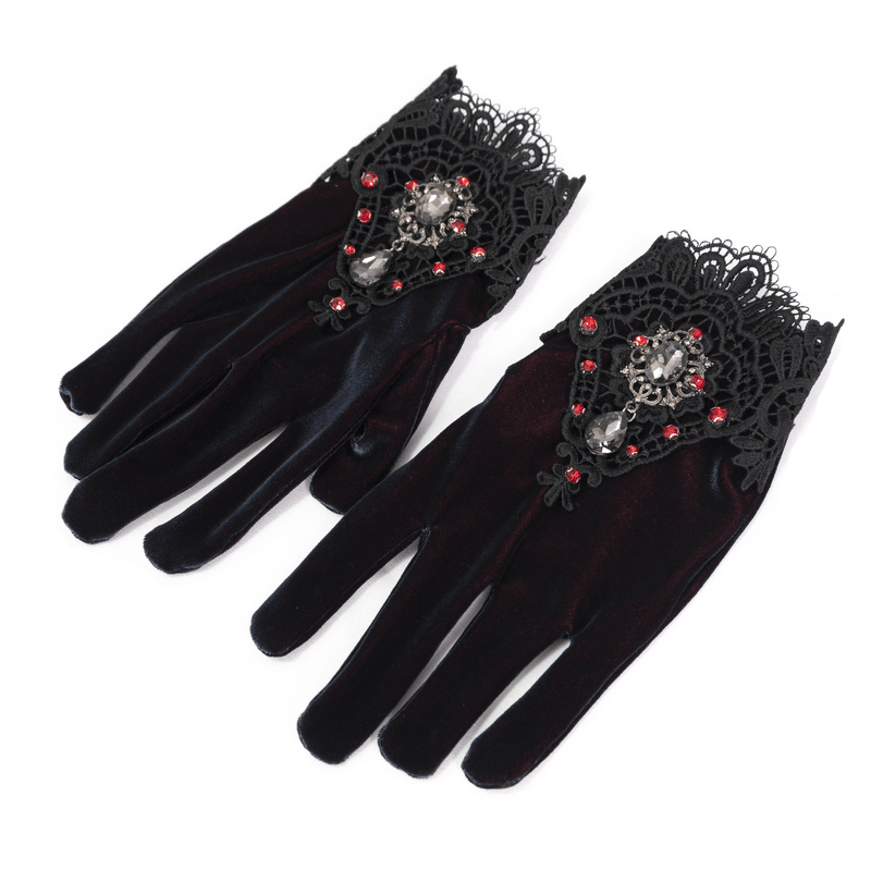 Women's Two-tone Velvet Gloves / Elegant Gloves with Lace and Red Diamonds - HARD'N'HEAVY