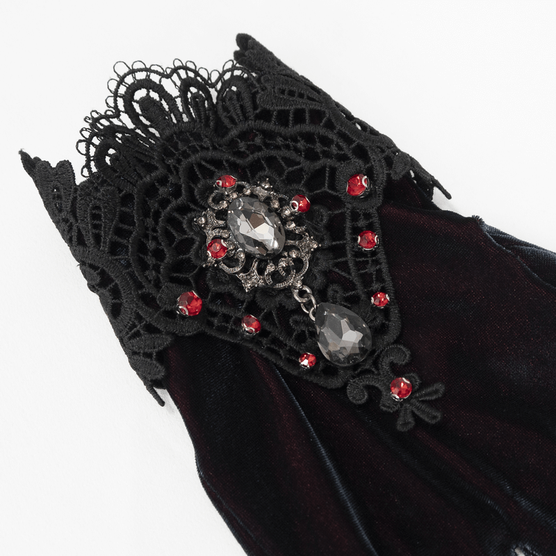 Women's Two-tone Velvet Gloves / Elegant Gloves with Lace and Red Diamonds - HARD'N'HEAVY