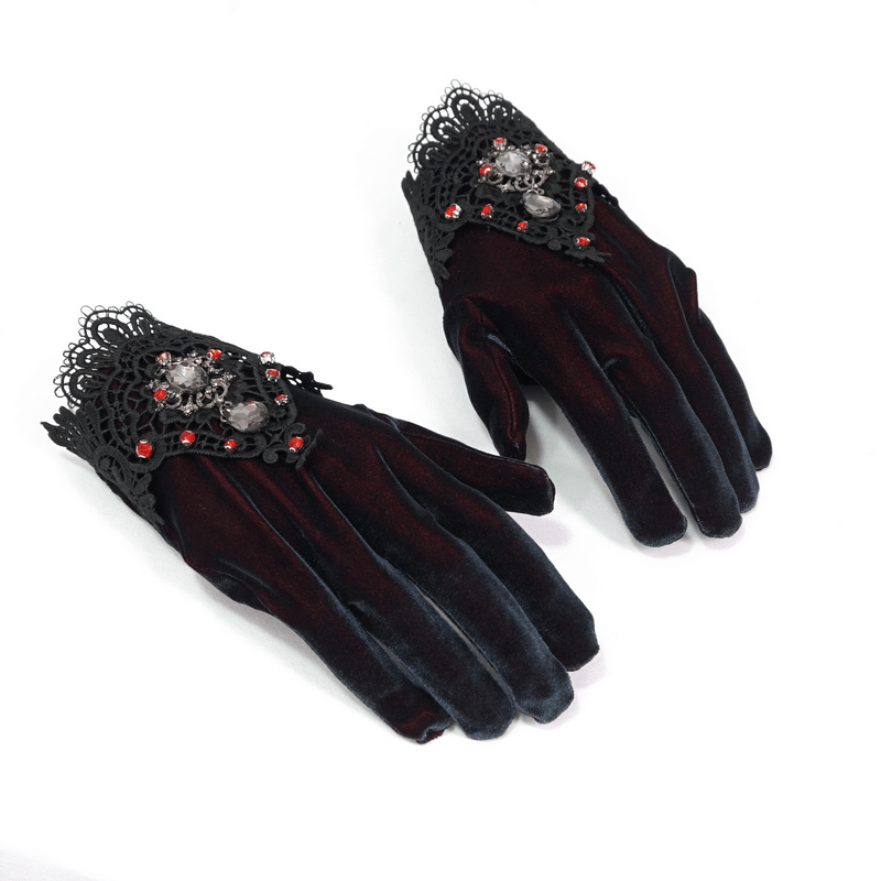 Women's Two-tone Velvet Gloves / Elegant Gloves with Lace and Red Diamonds - HARD'N'HEAVY