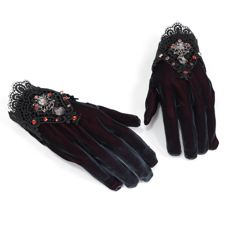 Women's Two-tone Velvet Gloves / Elegant Gloves with Lace and Red Diamonds - HARD'N'HEAVY