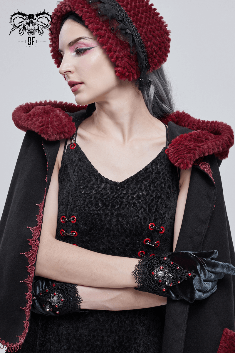 Women's Two-tone Velvet Gloves / Elegant Gloves with Lace and Red Diamonds - HARD'N'HEAVY