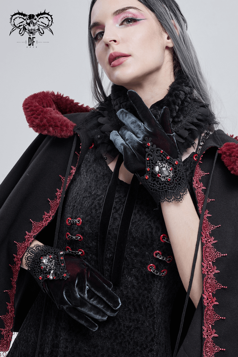 Women's Two-tone Velvet Gloves / Elegant Gloves with Lace and Red Diamonds - HARD'N'HEAVY