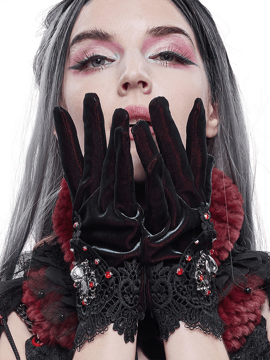 Women's Two-tone Velvet Gloves / Elegant Gloves with Lace and Red Diamonds - HARD'N'HEAVY