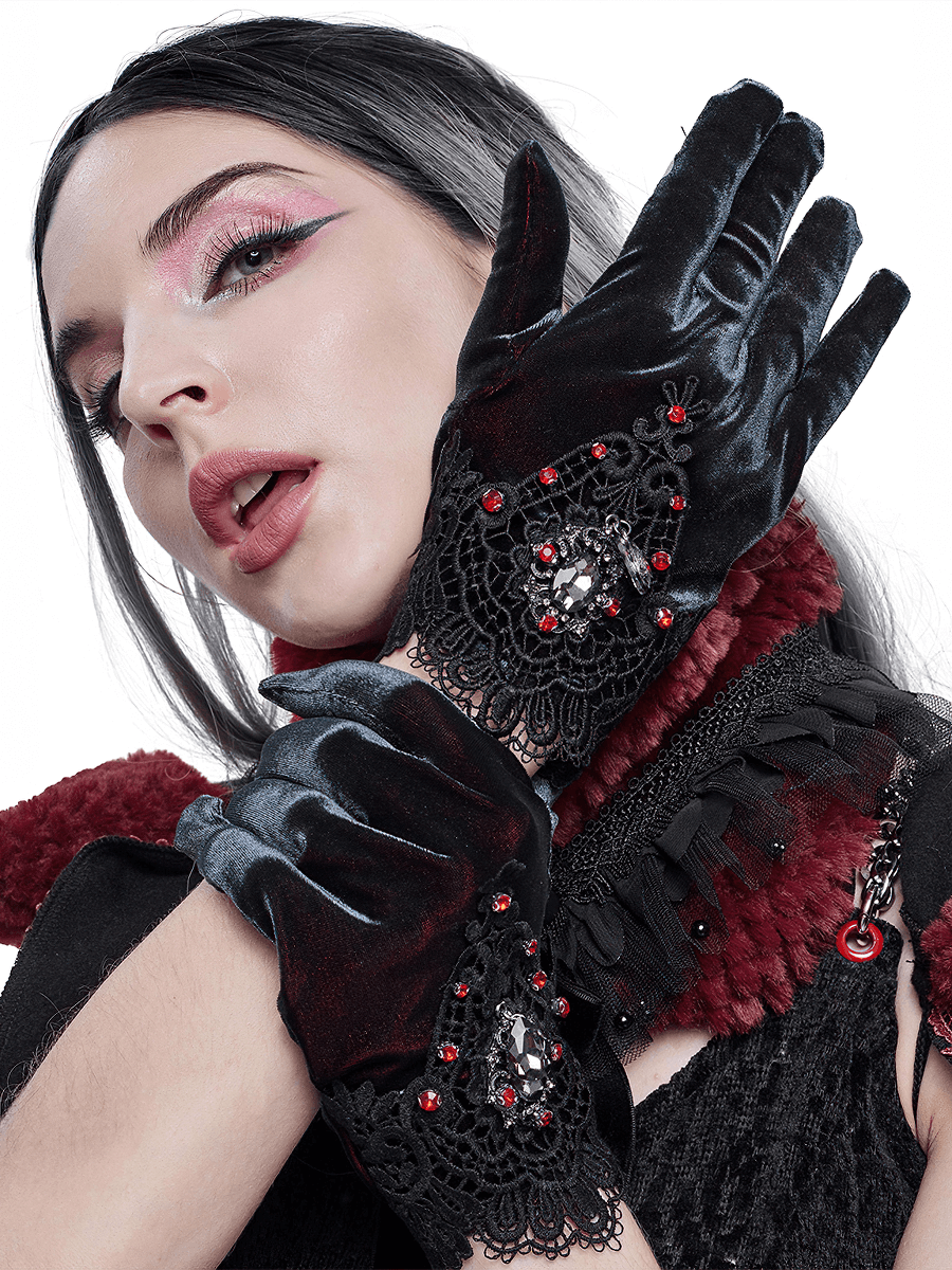 Women's Two-tone Velvet Gloves / Elegant Gloves with Lace and Red Diamonds - HARD'N'HEAVY