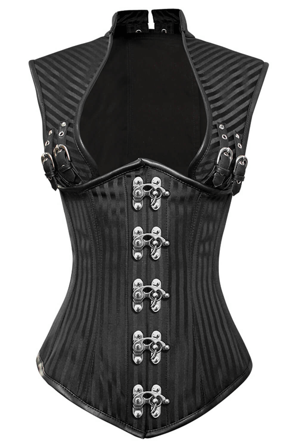 Alt Tag: Women's Underbust Corset with Shoulder Straps and Bones black striped Victorian waist cincher with steel bones, metal clasps