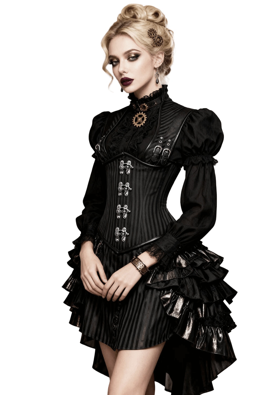 Alt Tag: Women's Underbust Corset with Shoulder Straps and Bones on model, black striped Victorian steampunk waist cincher with steel bones